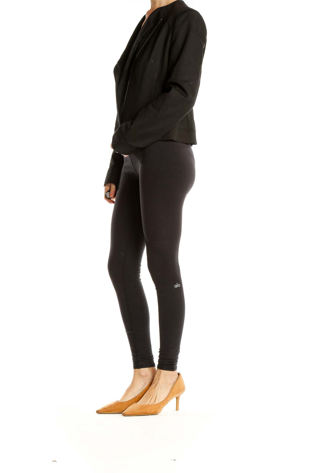 Front view of Tahari black asymmetrical zip-front cropped jacket