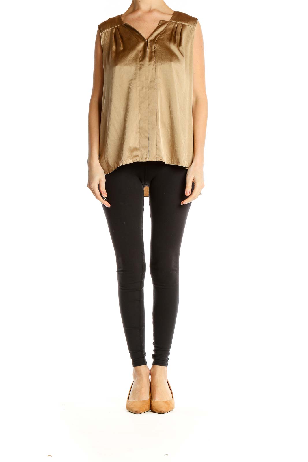 Front view of Elie Tahari gold satin sleeveless blouse with V-neckline