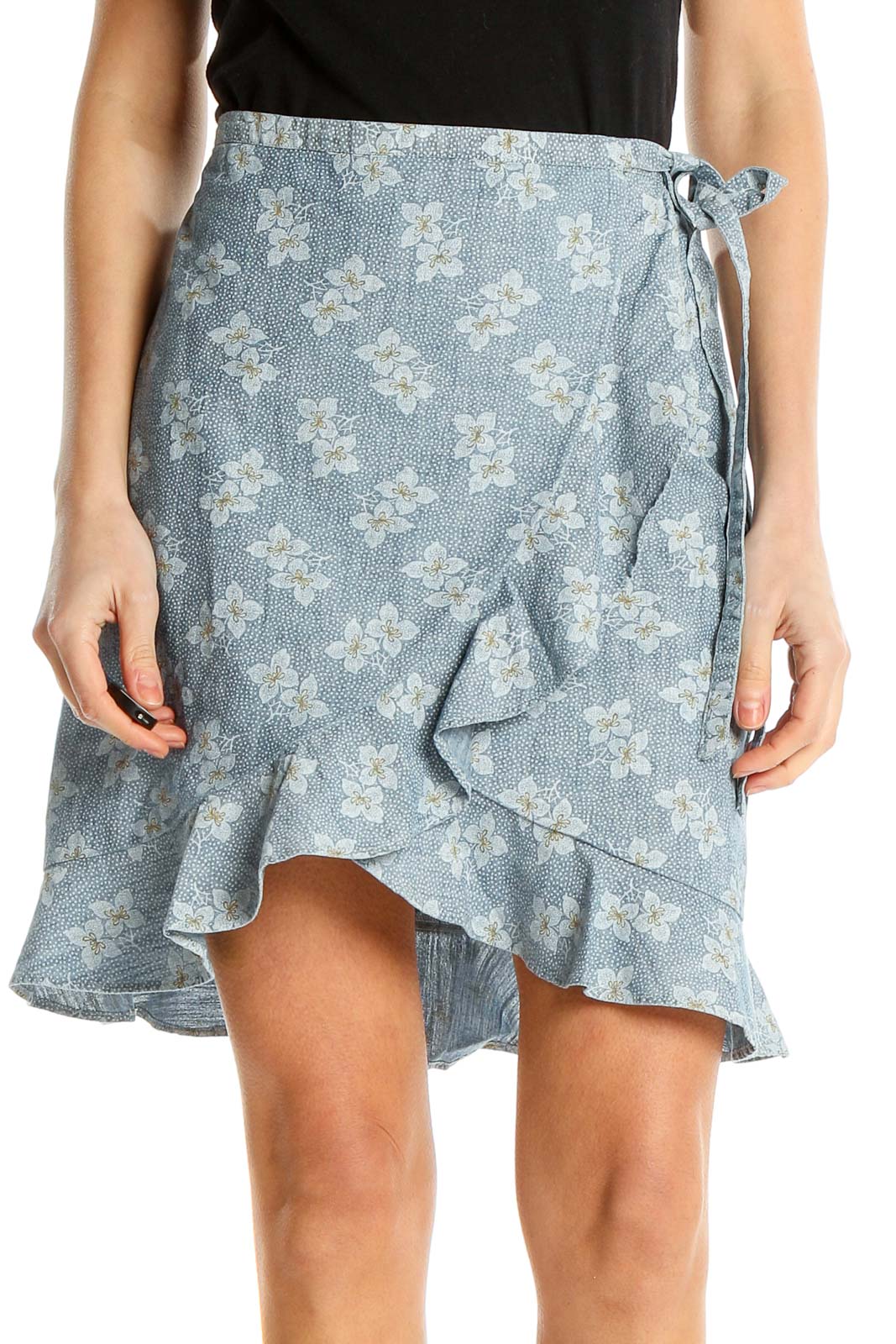 Front view of J.Crew Mercantile blue floral wrap skirt with ruffle hem