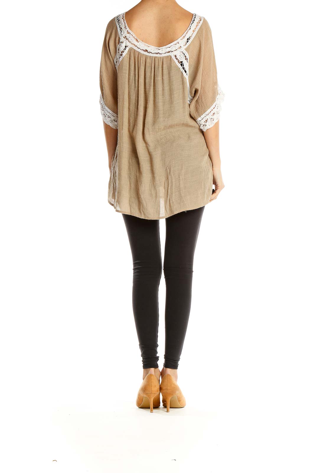 Side view of Umgee beige lace-trimmed flowy tunic top on model