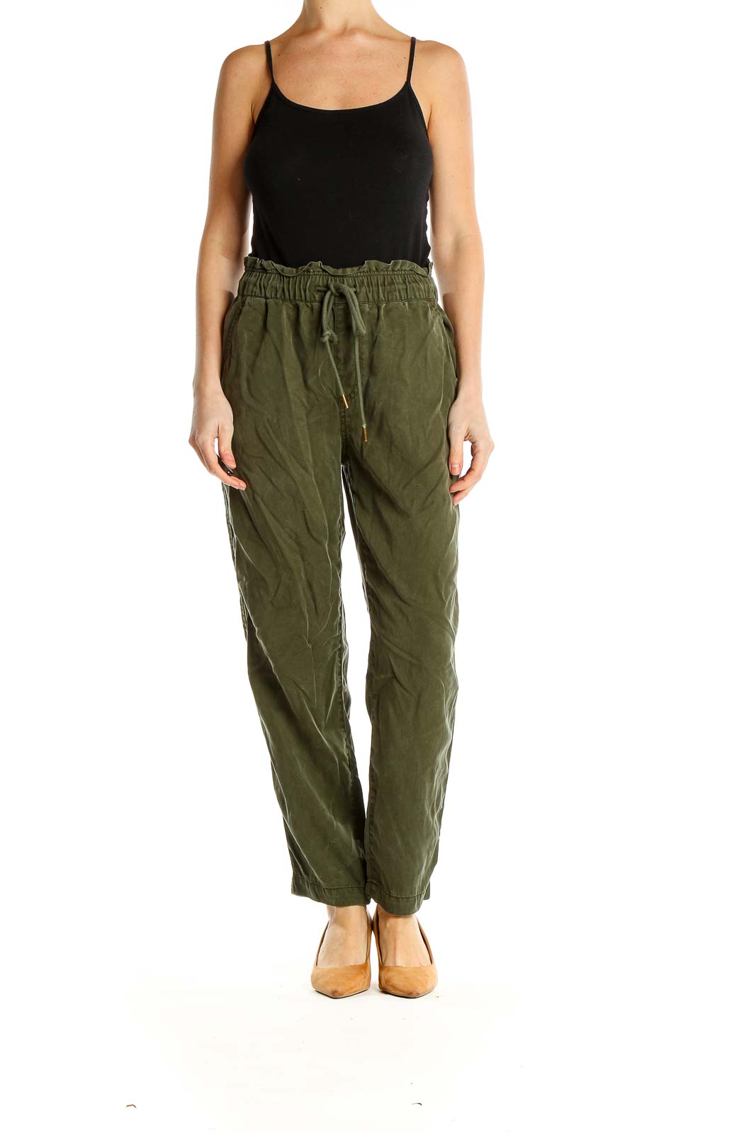 Front view of LOFT olive green casual pants with drawstring waist
