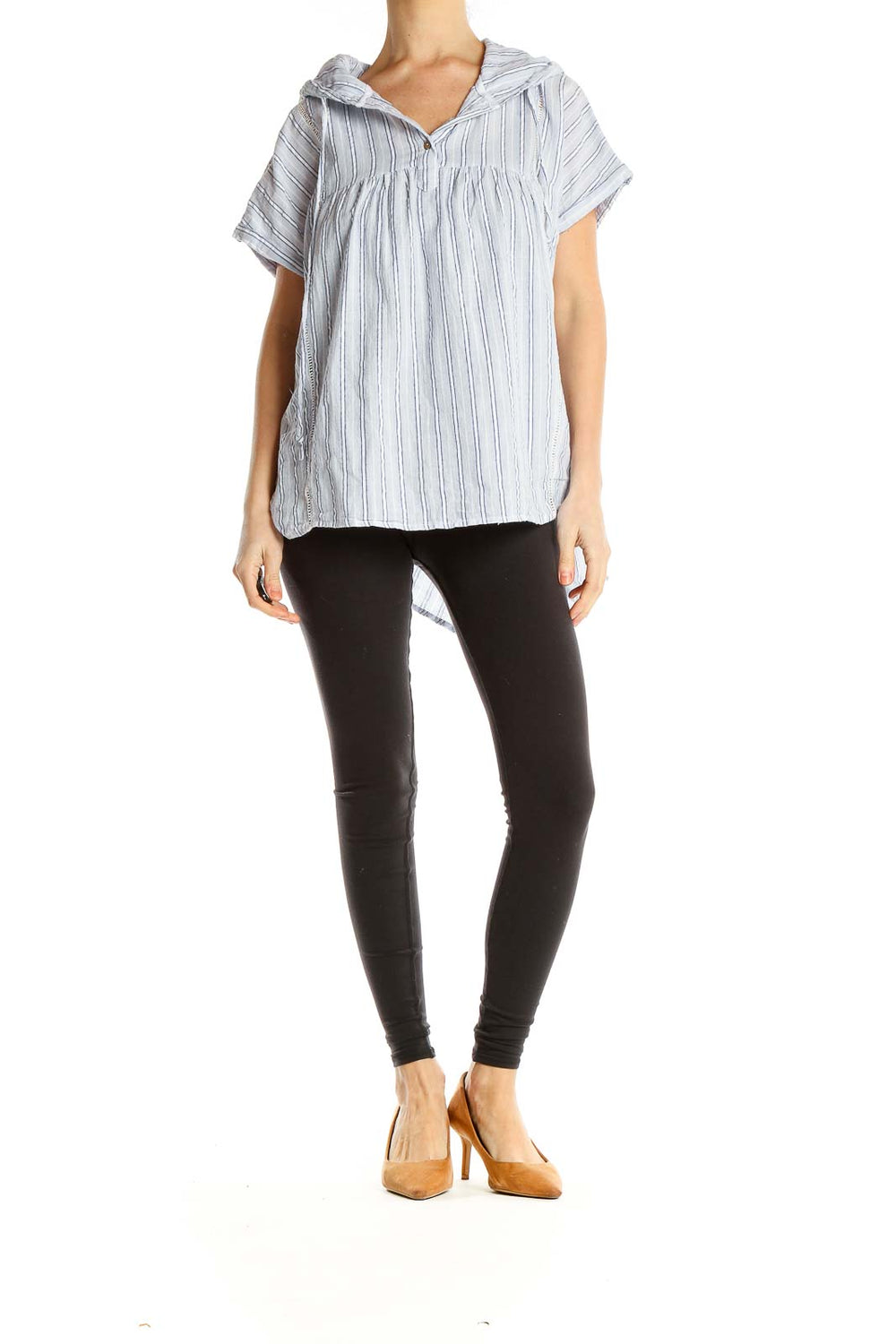 Front view of Doe & Rae white striped hooded blouse with empire waist
