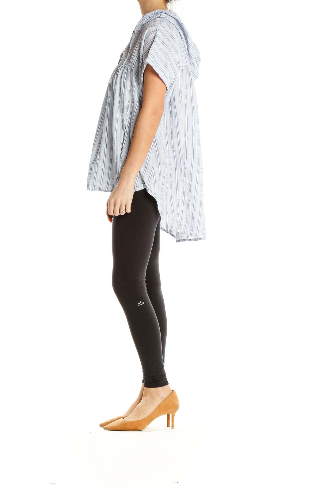 Front view of Doe & Rae white striped hooded blouse with empire waist