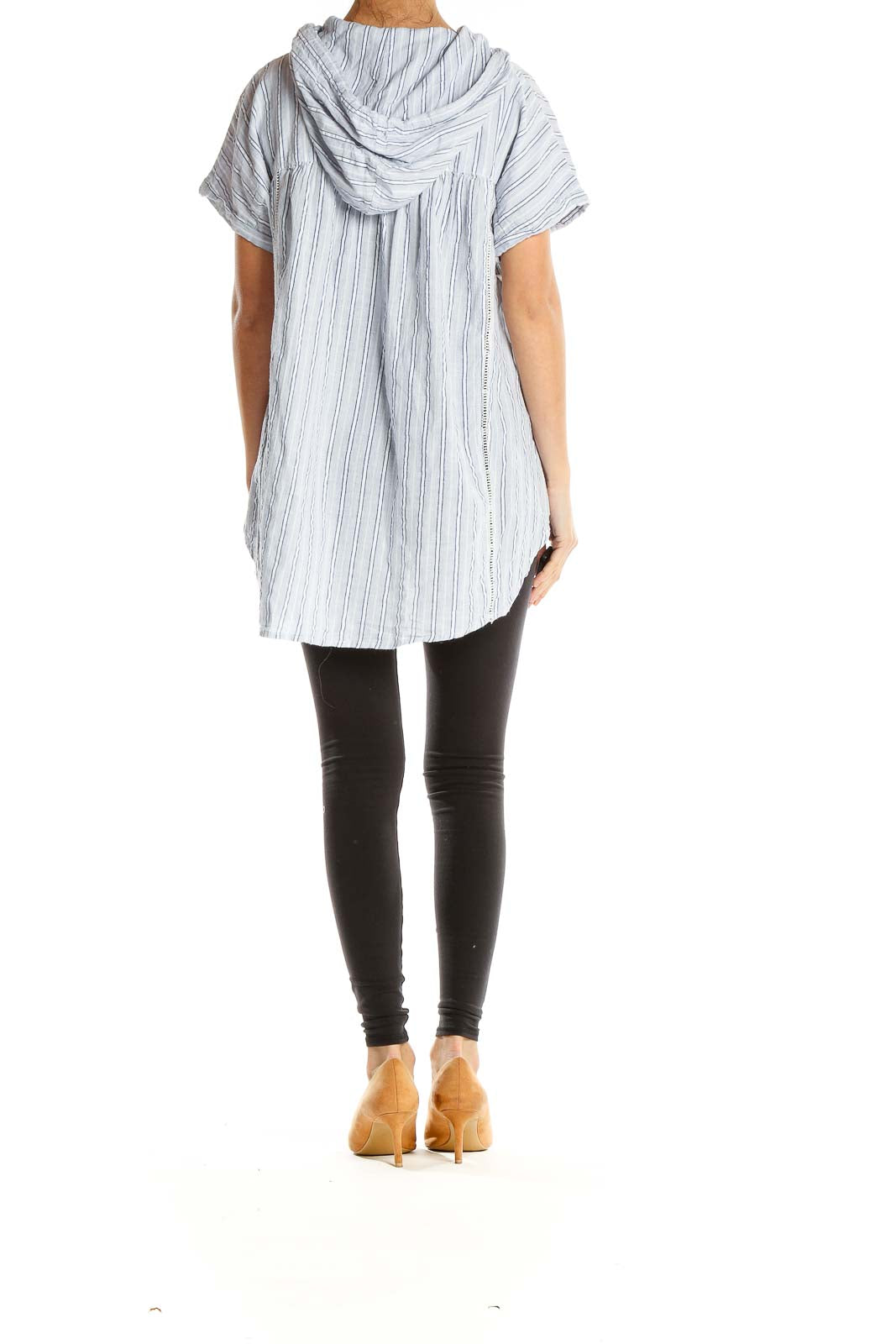 Back view of Doe & Rae white striped hooded blouse showing relaxed fit