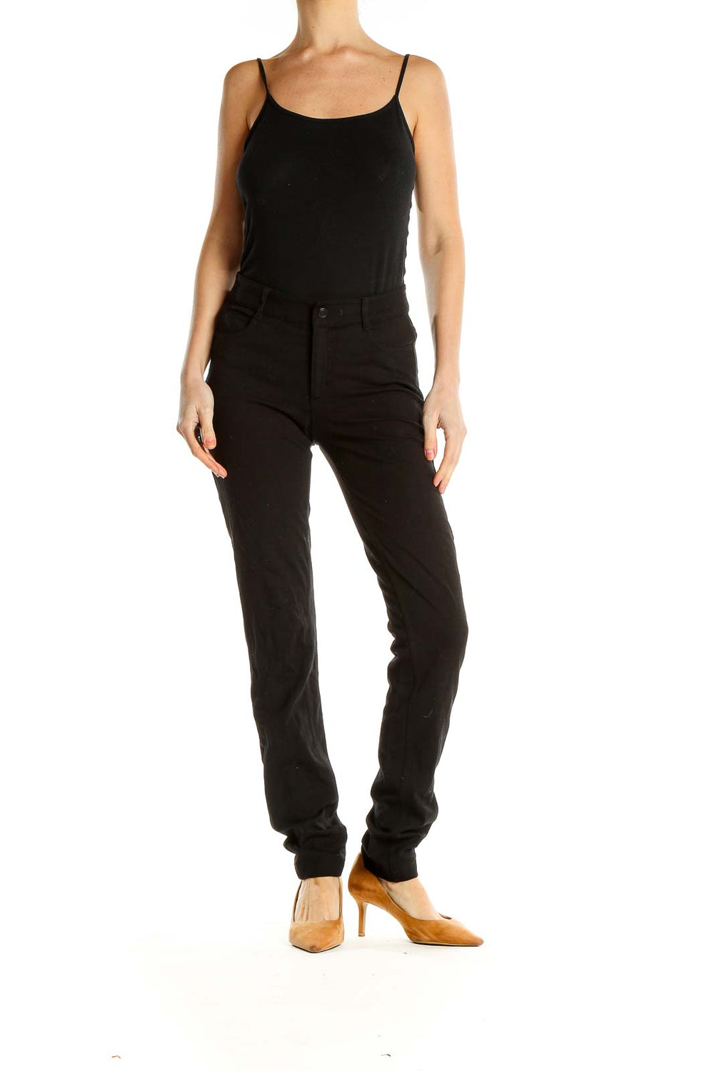 Front view of black Athleta slim-fit athletic pants on model