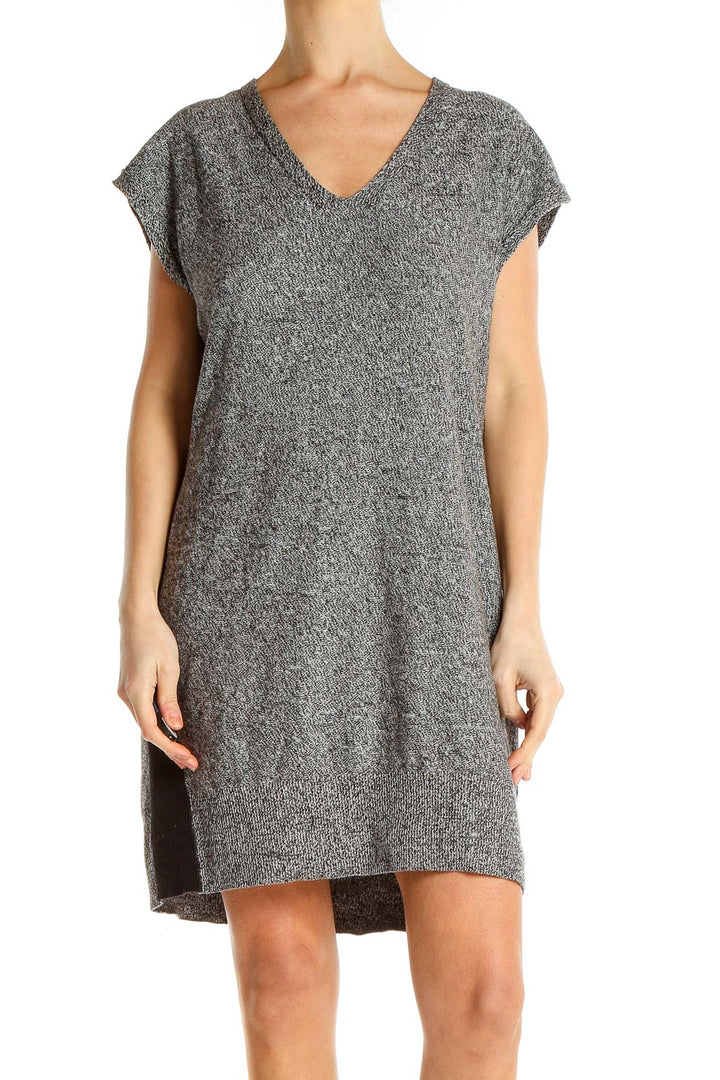 Front view of Athleta gray V-neck knit sweater dress on model