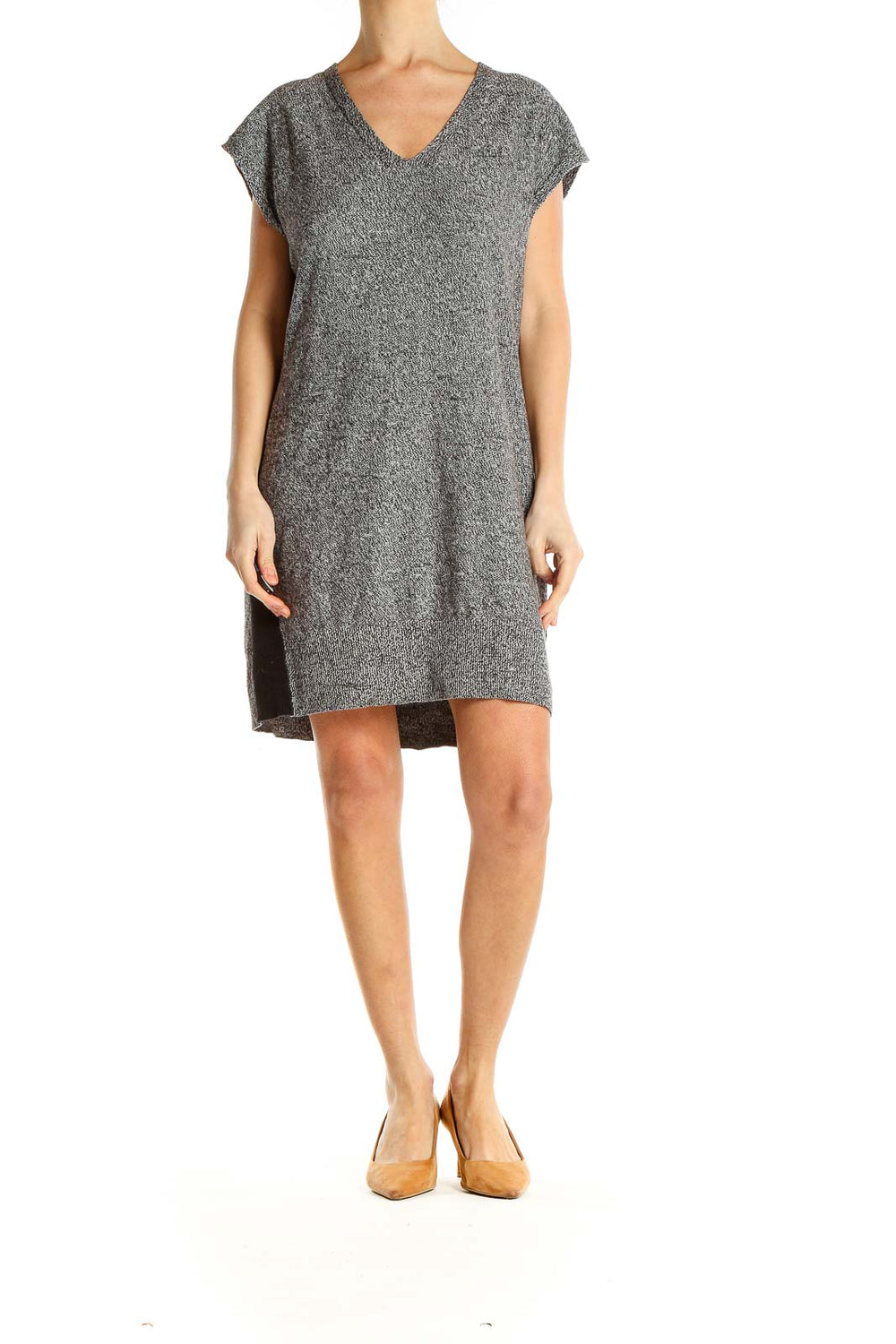 Front view of Athleta gray V-neck knit sweater dress on model