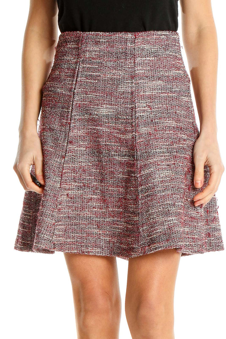 Front view of LOFT burgundy tweed A-line mini skirt