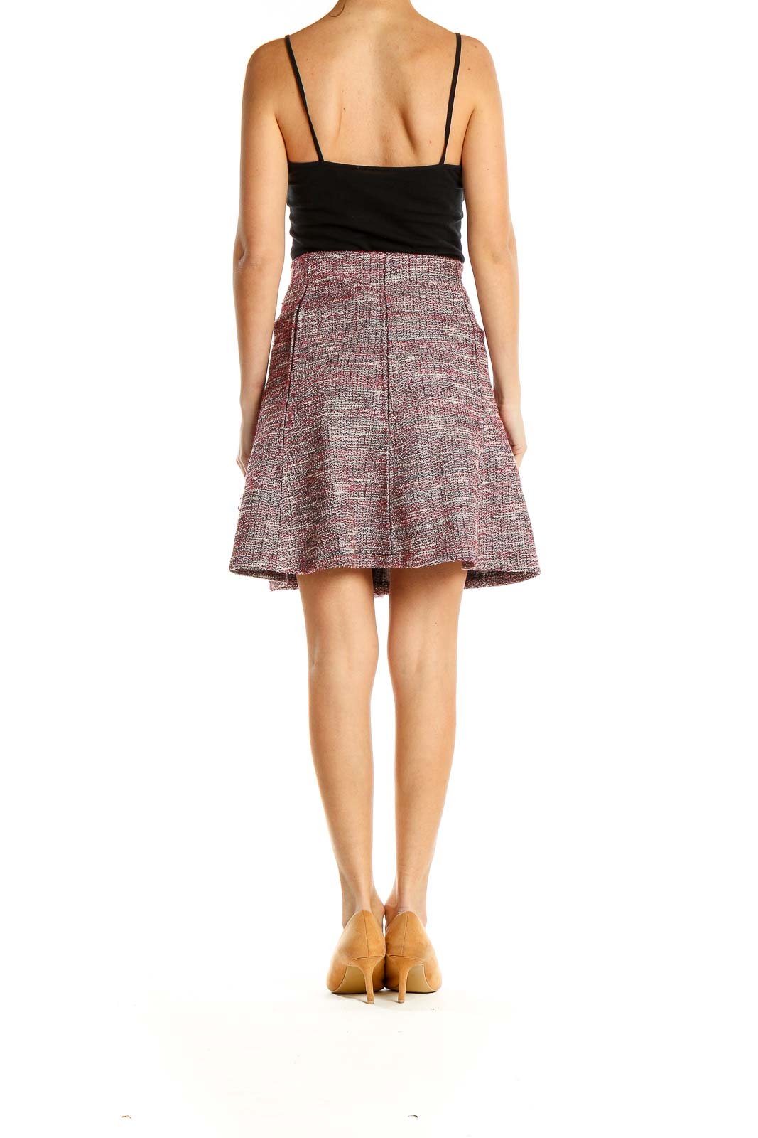 Side view of LOFT burgundy tweed A-line mini skirt on model