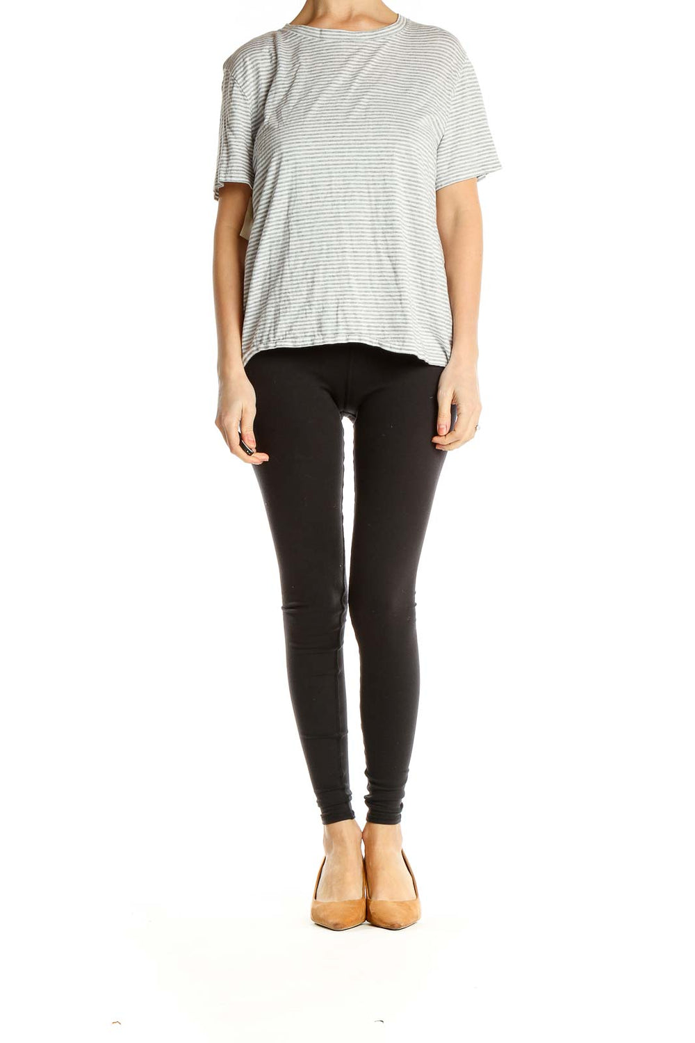 Front view of Splendid gray striped short sleeve t-shirt on model