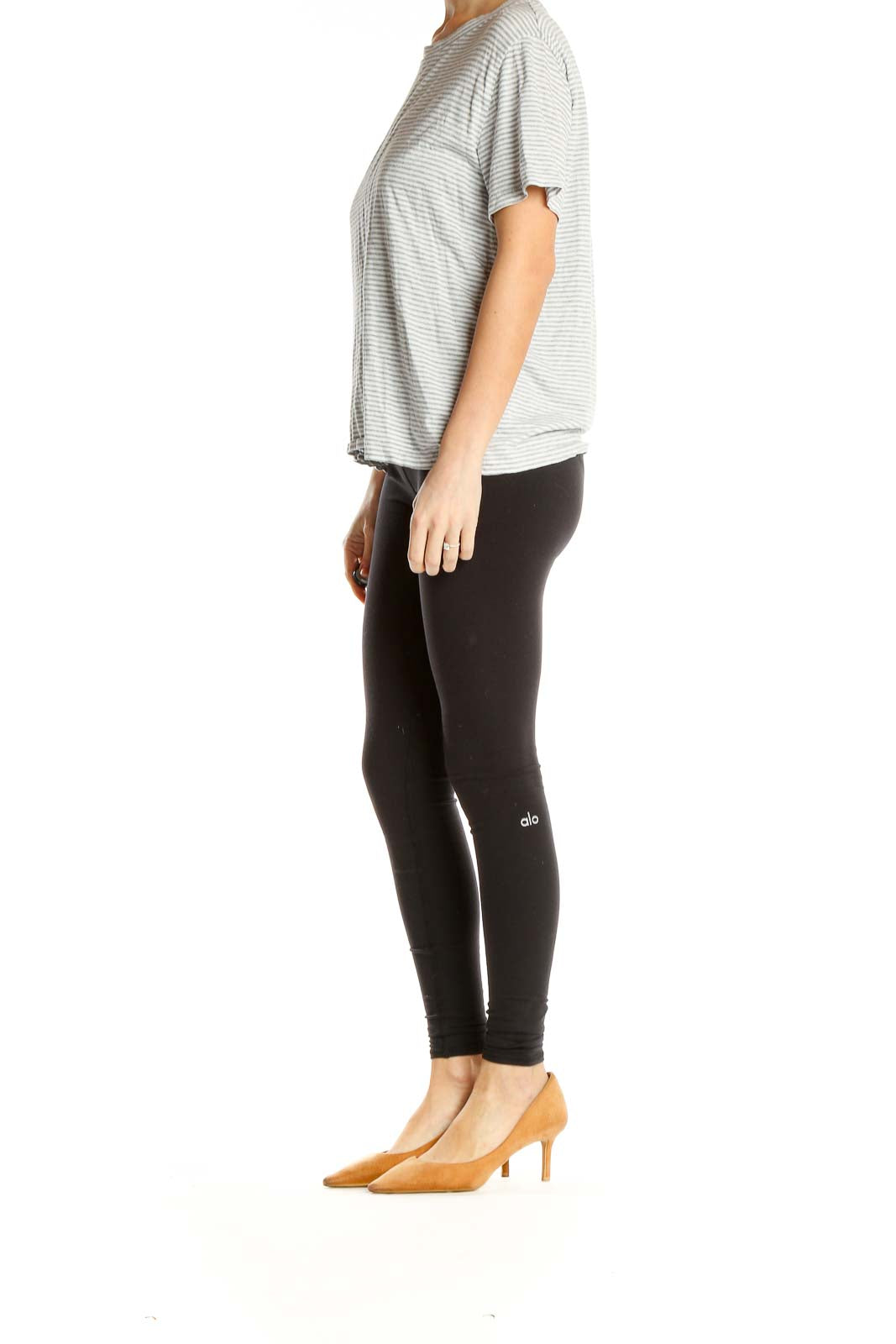 Front view of Splendid gray striped short sleeve t-shirt on model