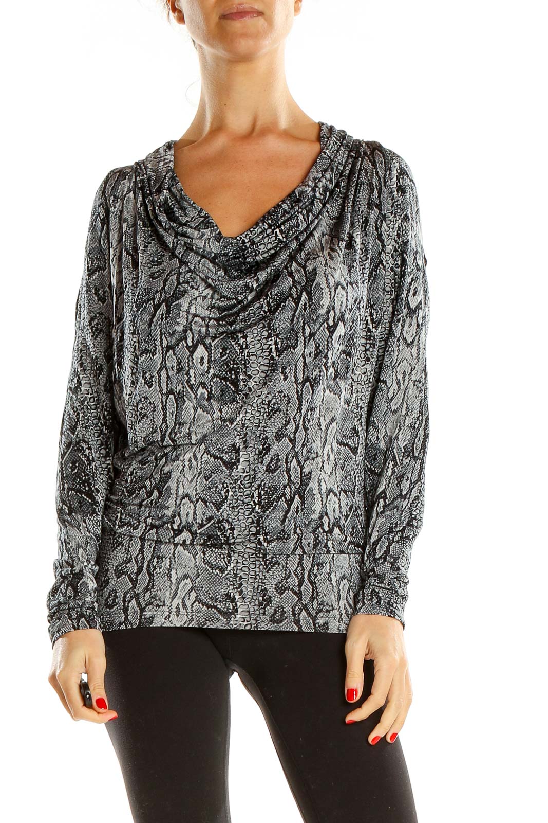 Gray Animal Print Cowl Neck Retro Top
