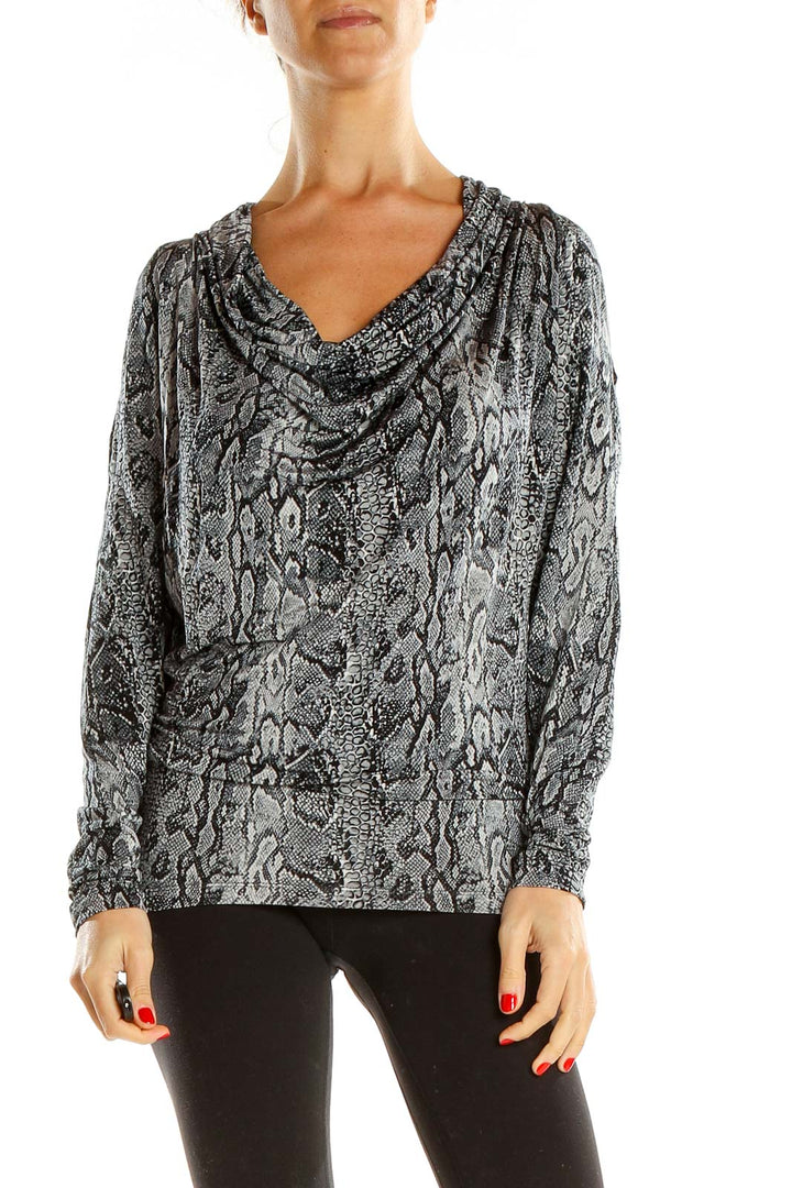 Gray Animal Print Cowl Neck Retro Top