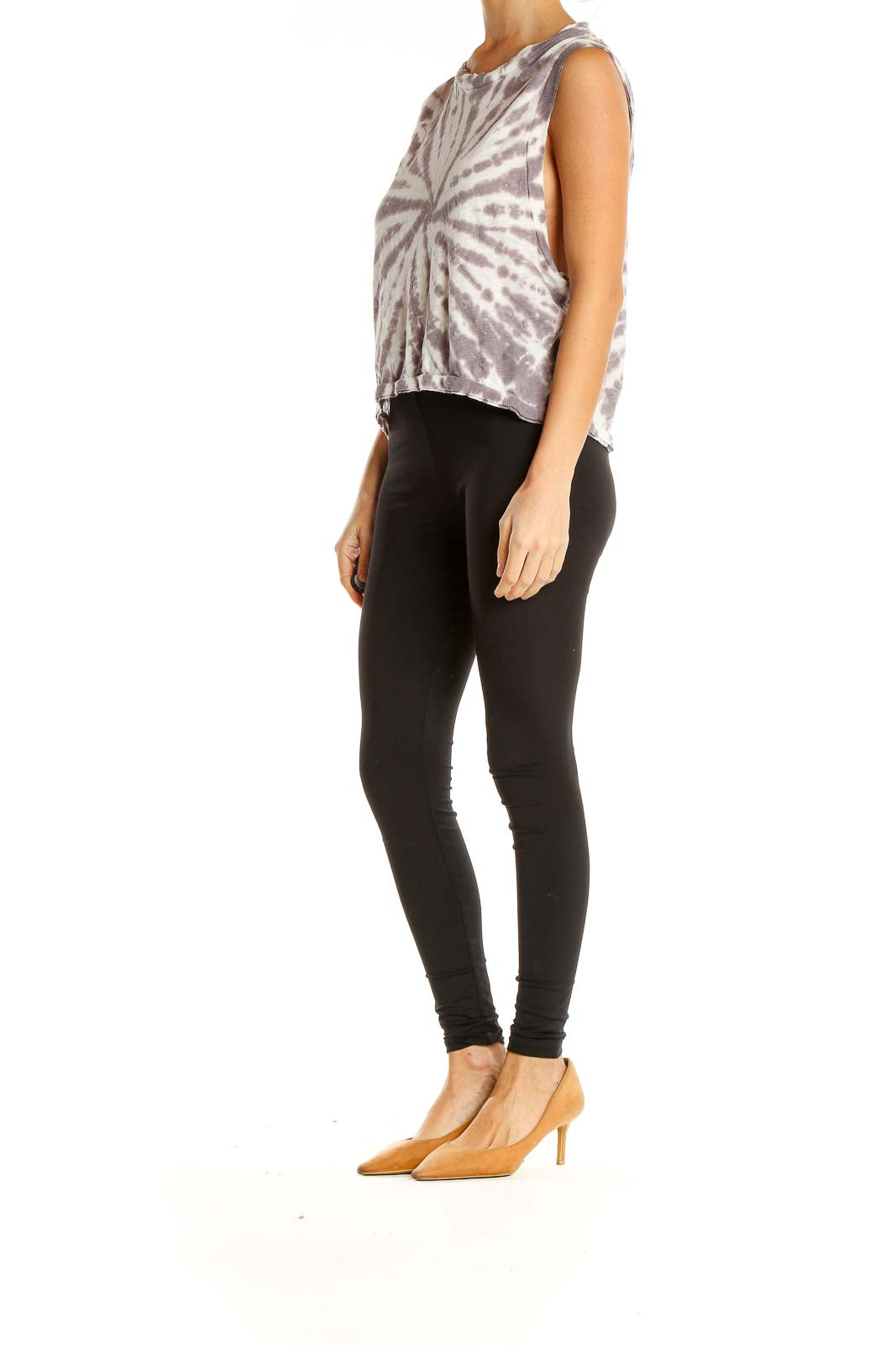 Front view of Free People purple and white tie-dye sleeveless top