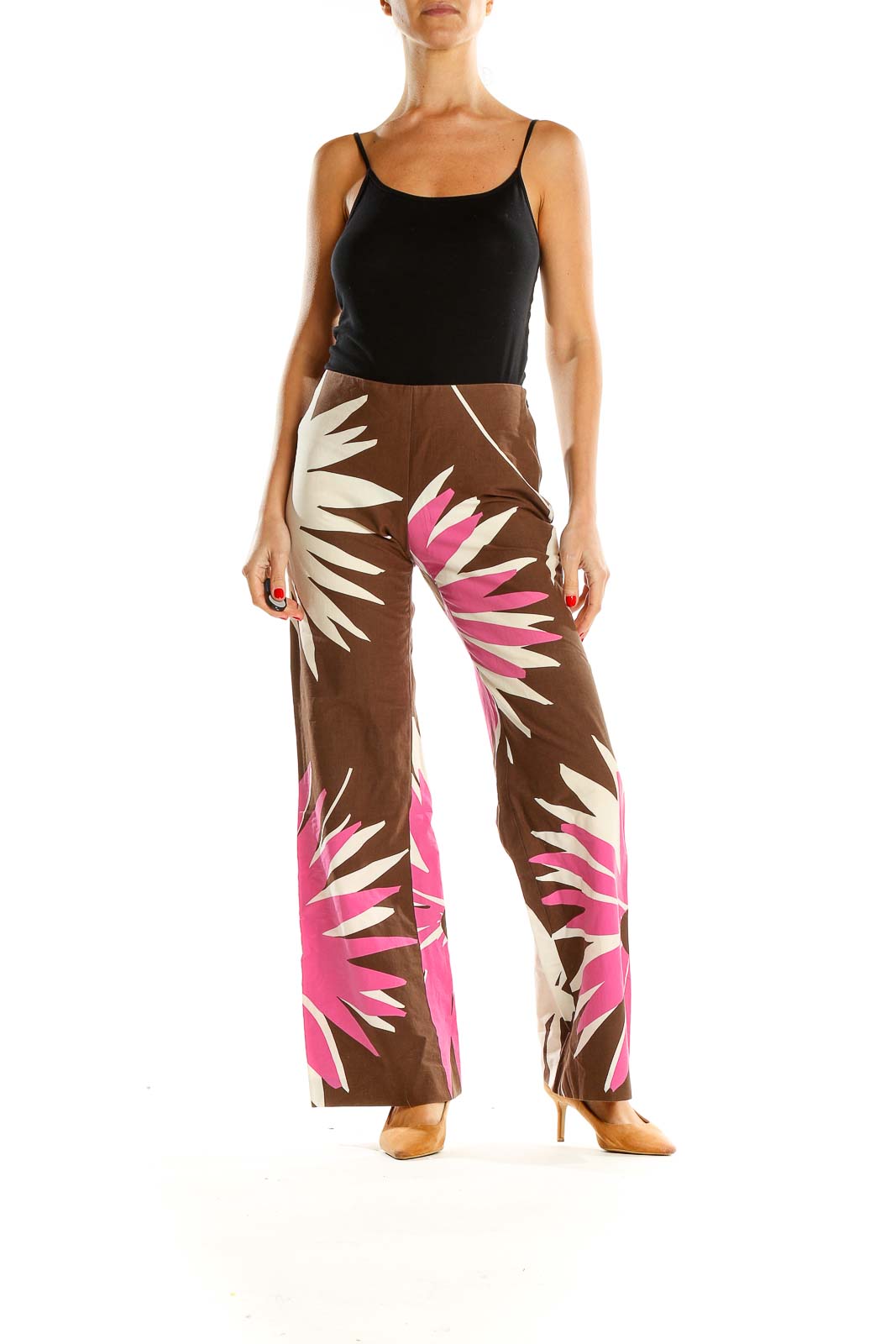 Brown Pink Tropical Print Casual Palazzo Pants