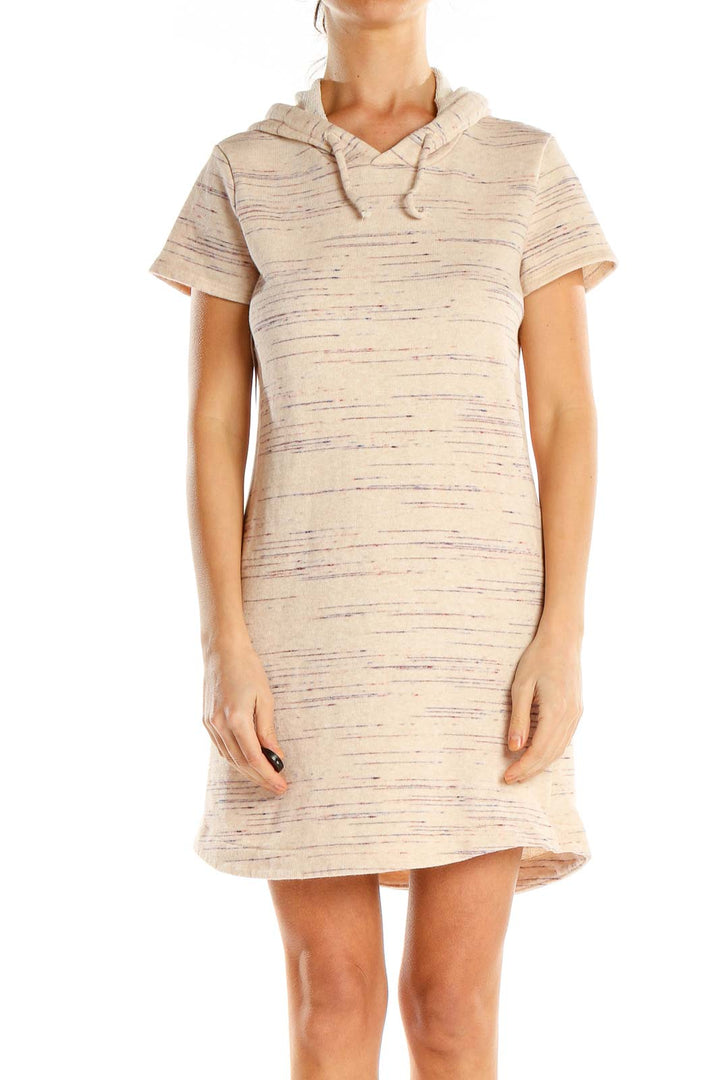 Pink Textured Short Sleeve Sweater Dress With Hood