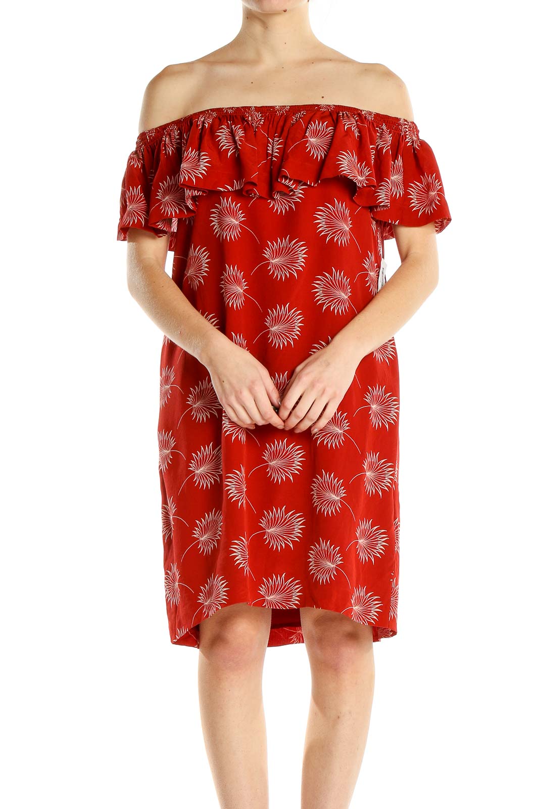 Red Floral Print Holiday Off The Shoulder Shift Dress