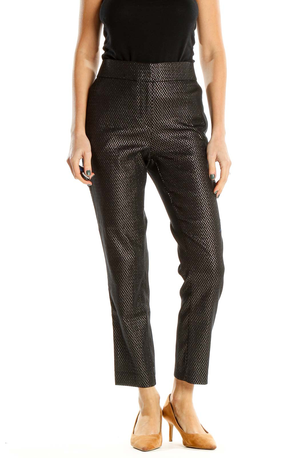 Black Metallic Printed Textured Ankle Length Trousers