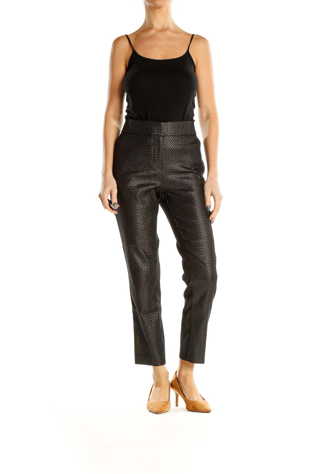 Black Metallic Printed Textured Ankle Length Trousers