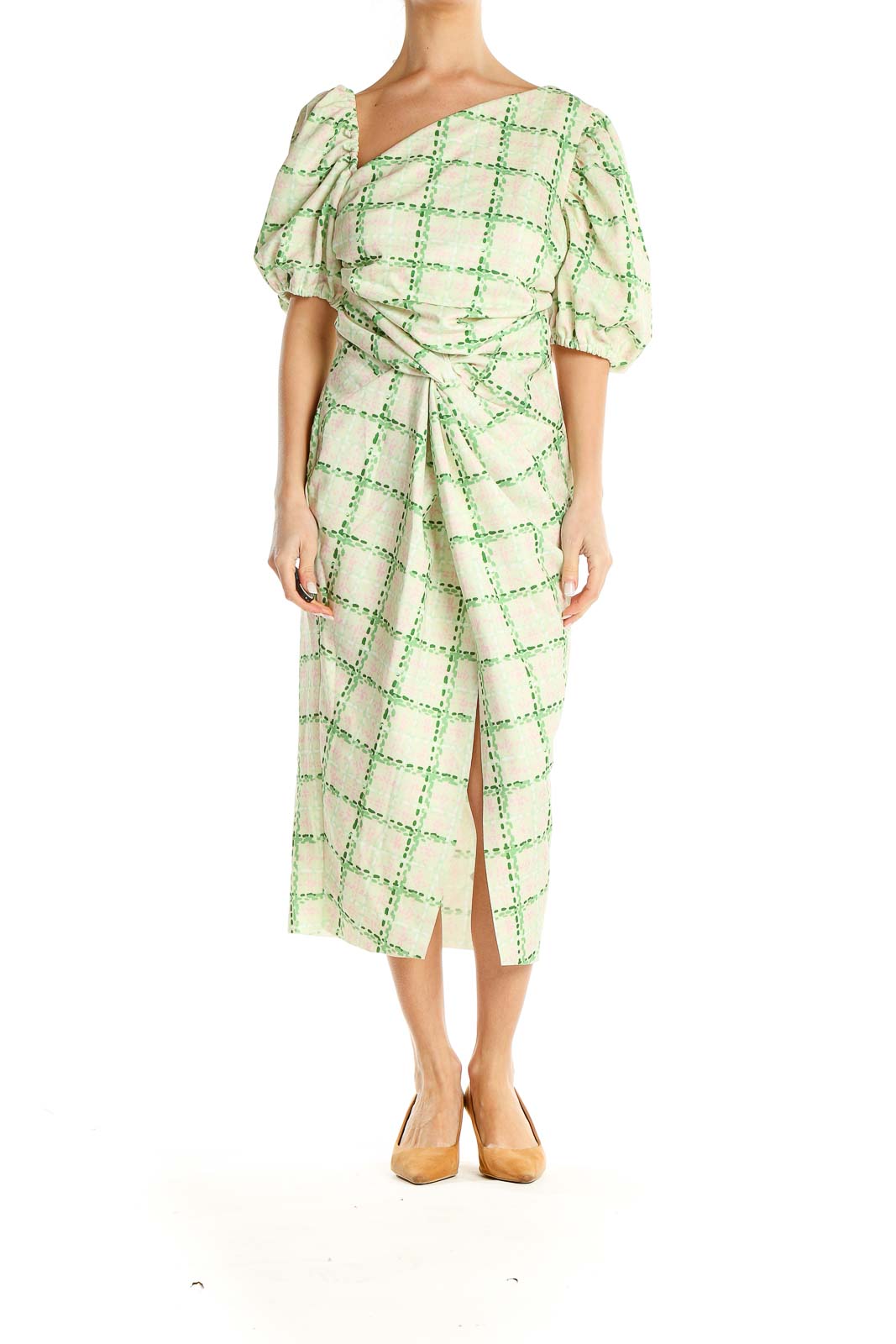 Green Checkered Asymmetrical Drape Midi Dress