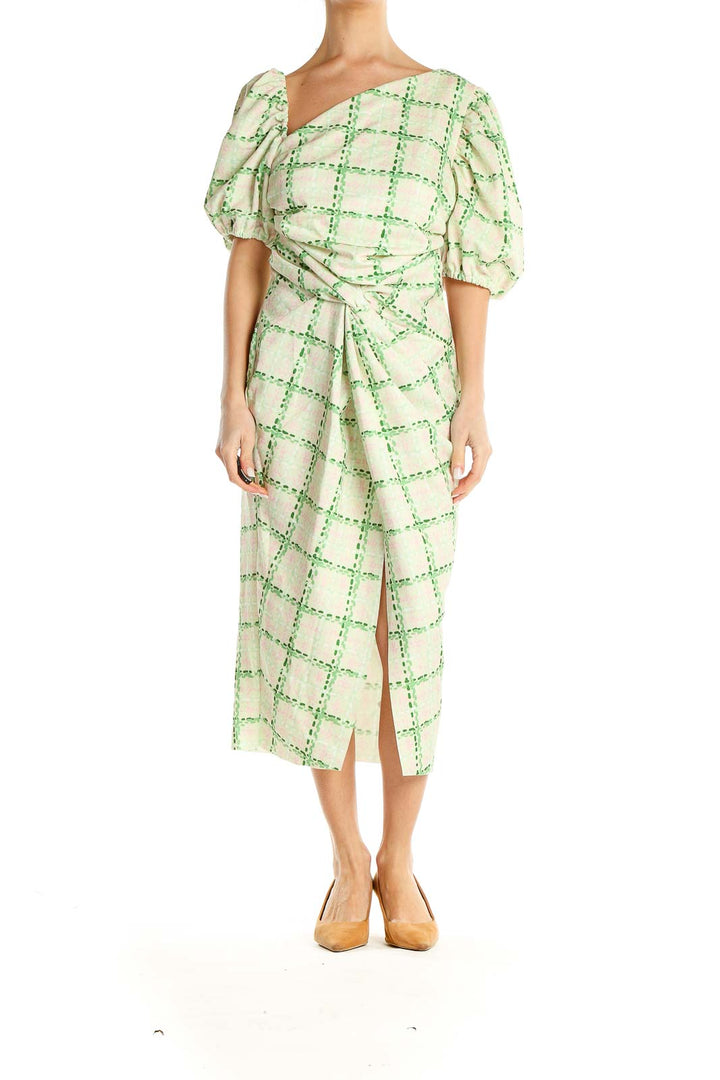 Green Checkered Asymmetrical Drape Midi Dress