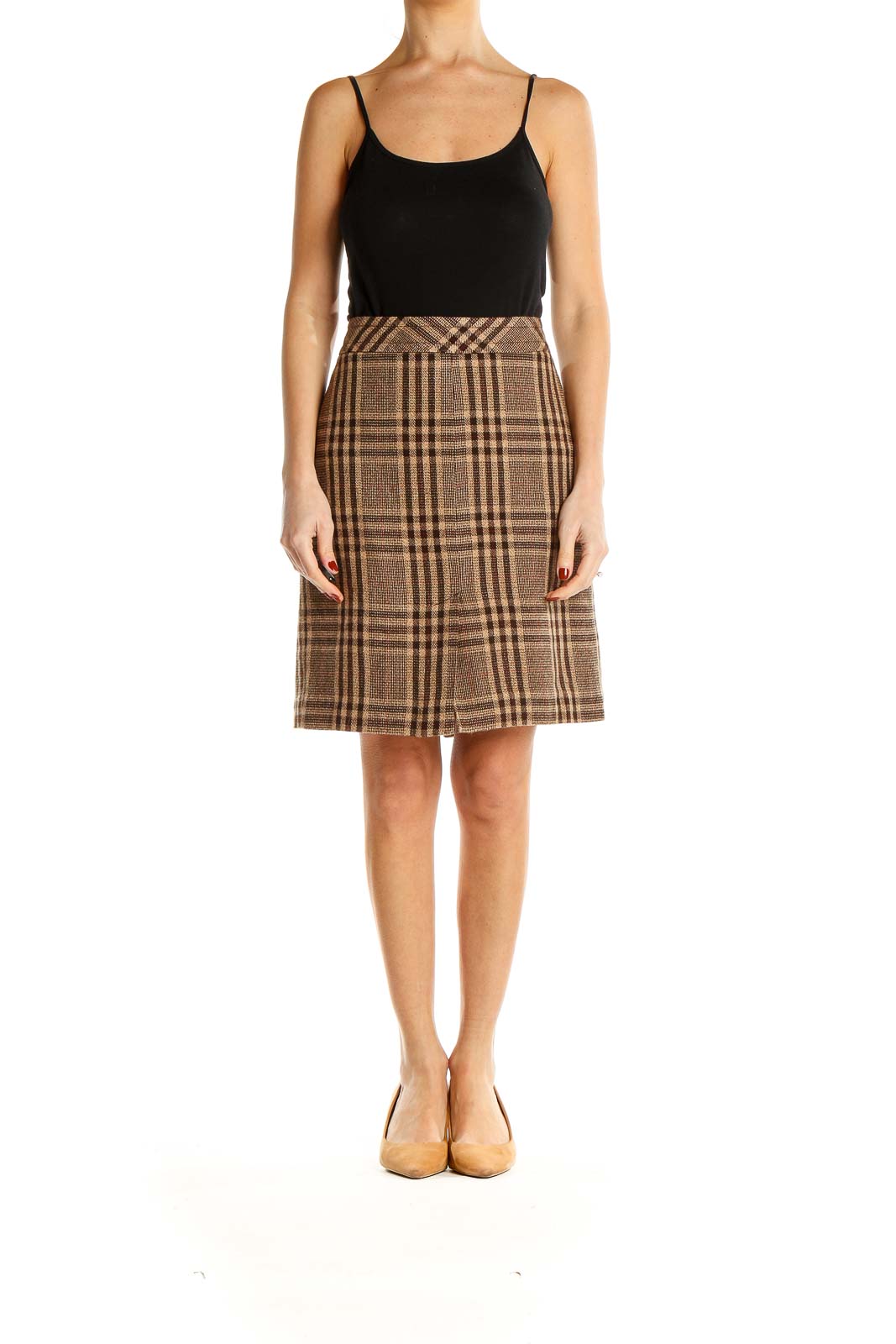 Front view of Ann Taylor brown plaid A-line skirt