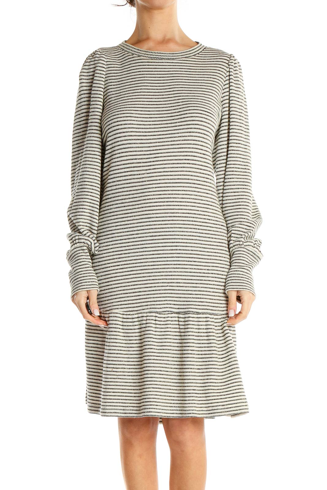 Loft Shimmer Striped Flounce Dress Size Medium Pebble Ivory Women's