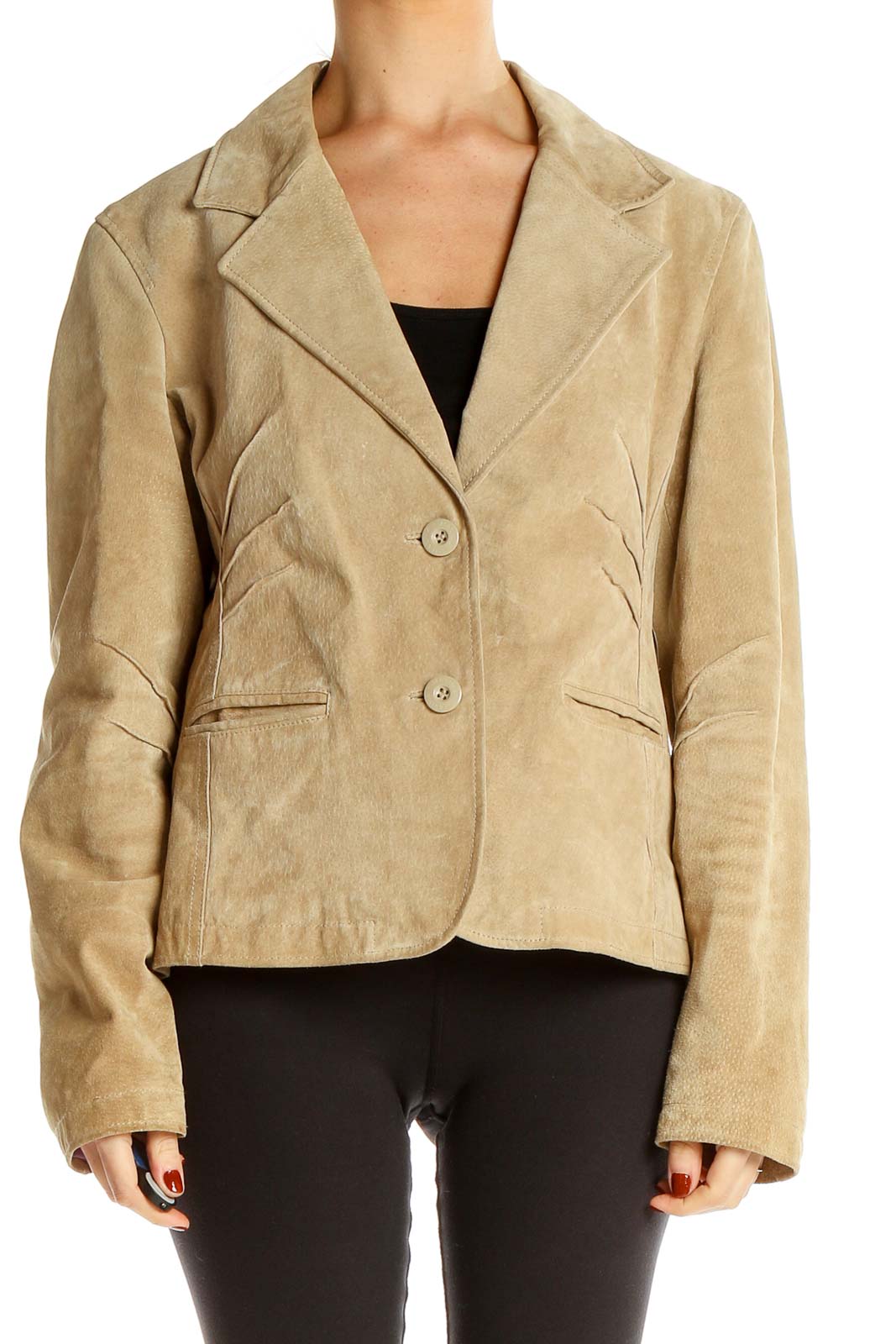 Front view of beige suede leather blazer jacket from Wilsons Leather
