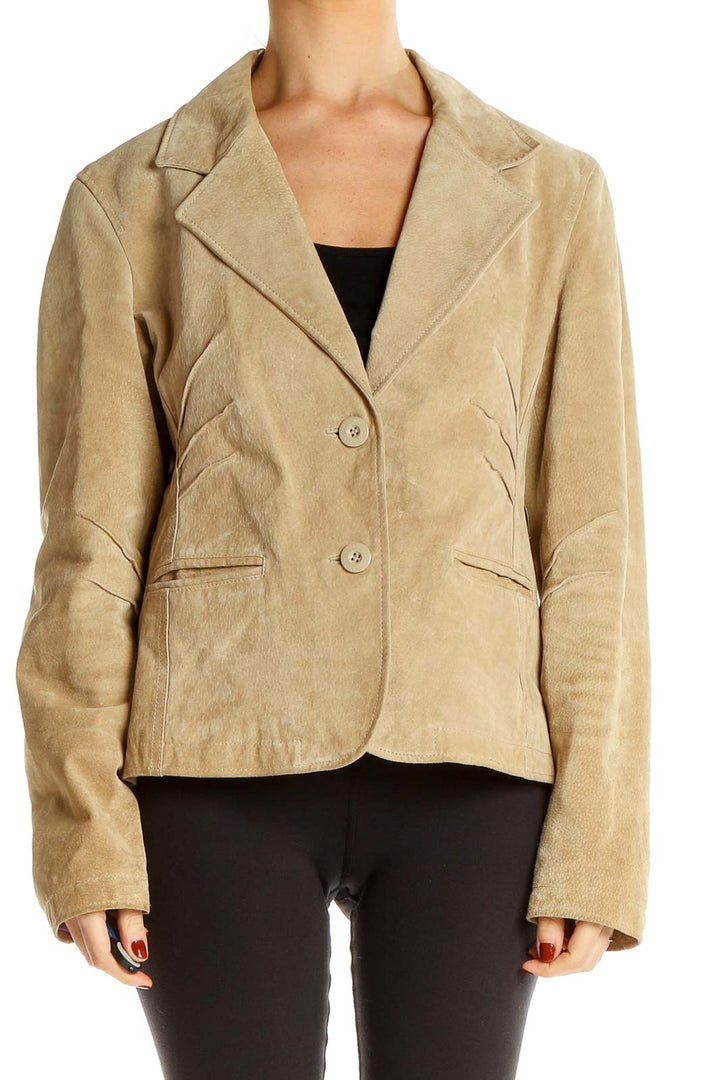 Front view of beige suede leather blazer jacket from Wilsons Leather