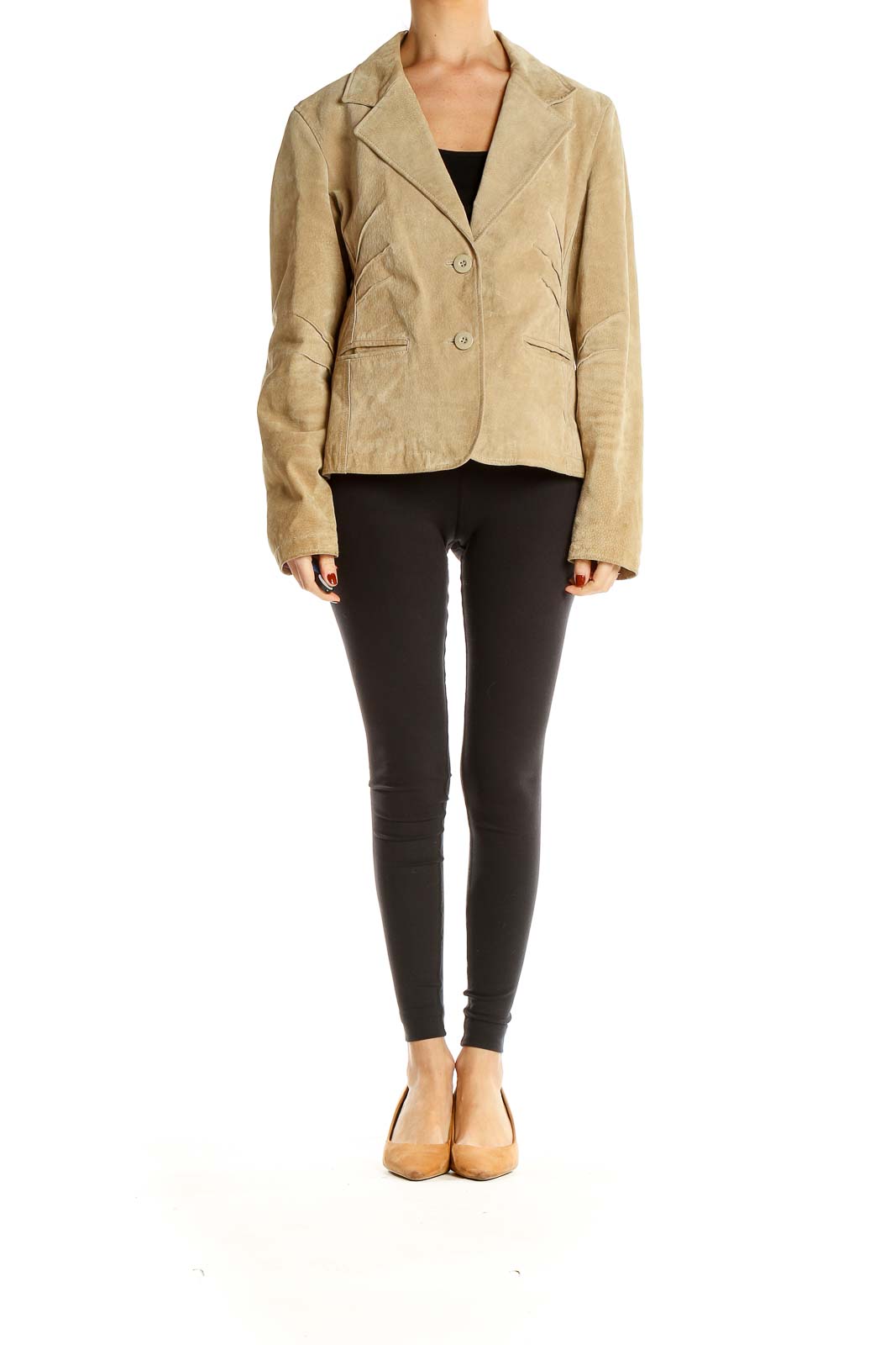 Front view of beige suede leather blazer jacket from Wilsons Leather