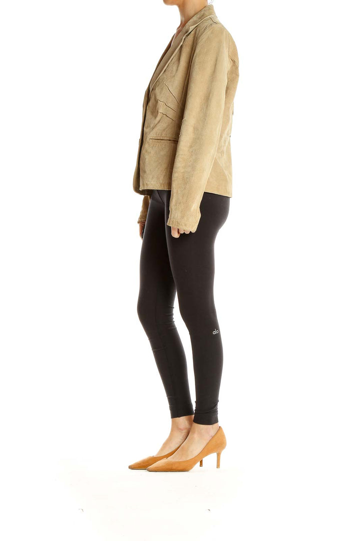 Front view of beige suede leather blazer jacket from Wilsons Leather