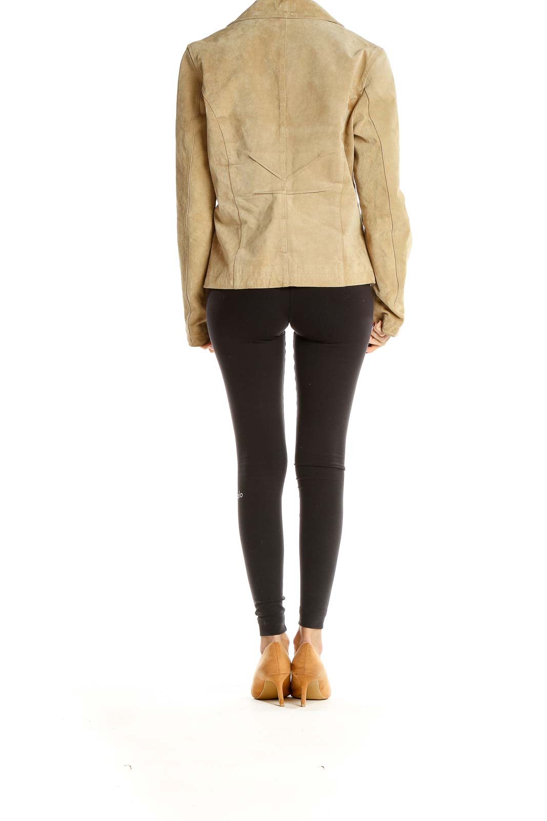 Side view of beige suede leather blazer jacket from Wilsons Leather on model
