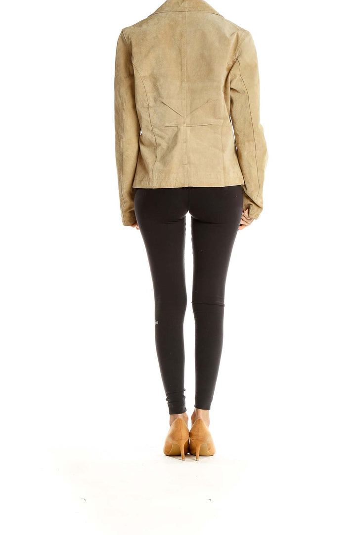 Side view of beige suede leather blazer jacket from Wilsons Leather on model