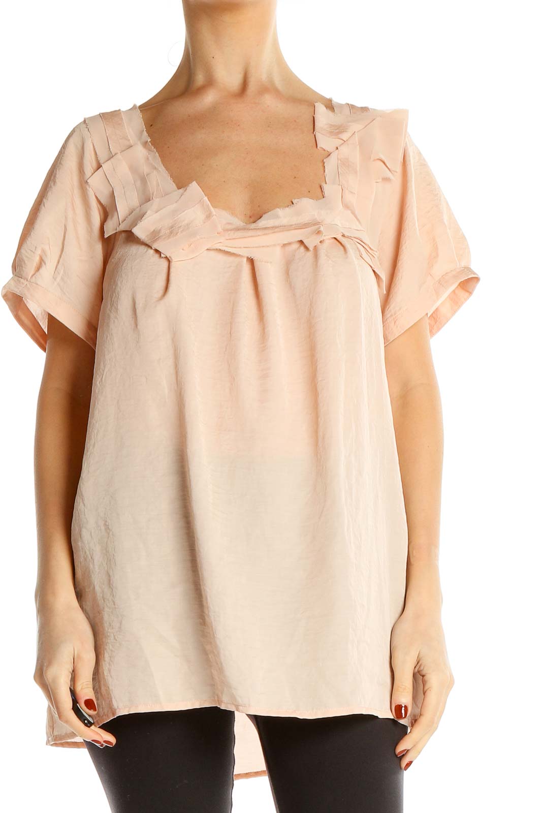 Front view of blush Ann Taylor LOFT blouse with ruffled neckline
