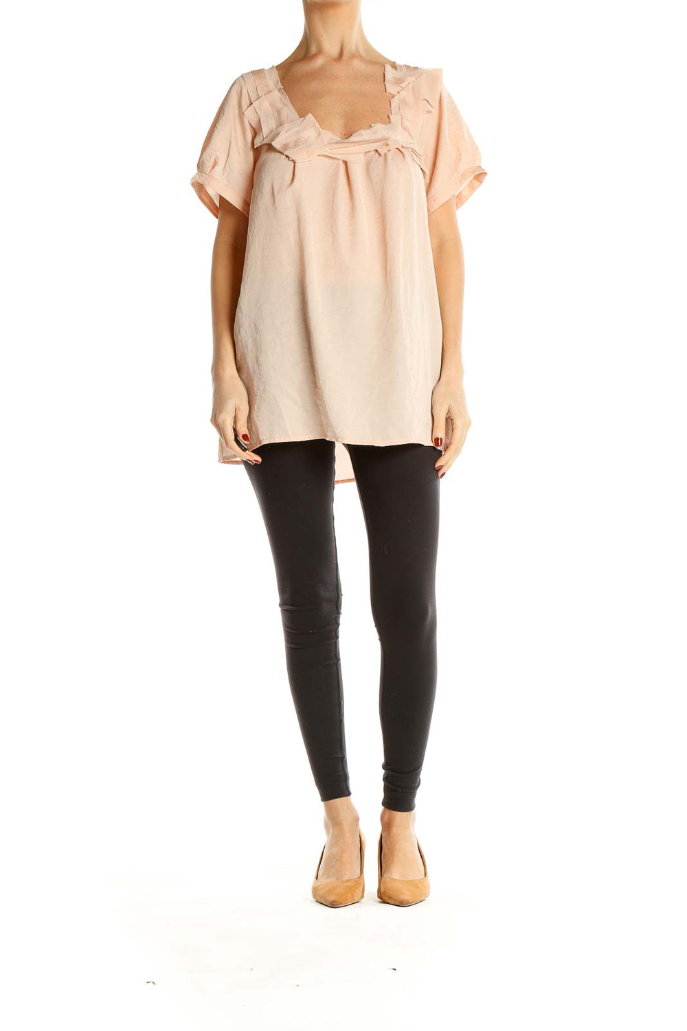 Front view of blush Ann Taylor LOFT blouse with ruffled neckline