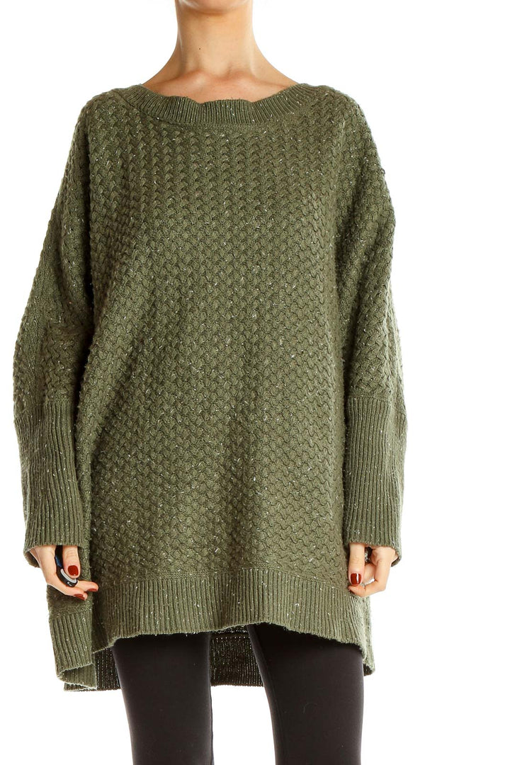 Front view of olive green oversized textured knit sweater from Lane Bryant