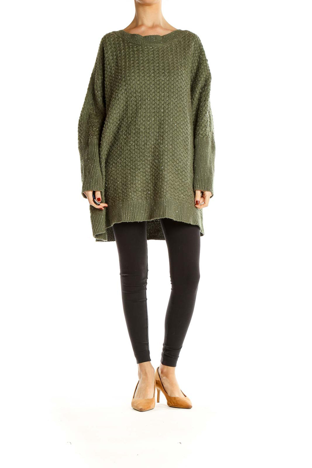 Front view of olive green oversized textured knit sweater from Lane Bryant