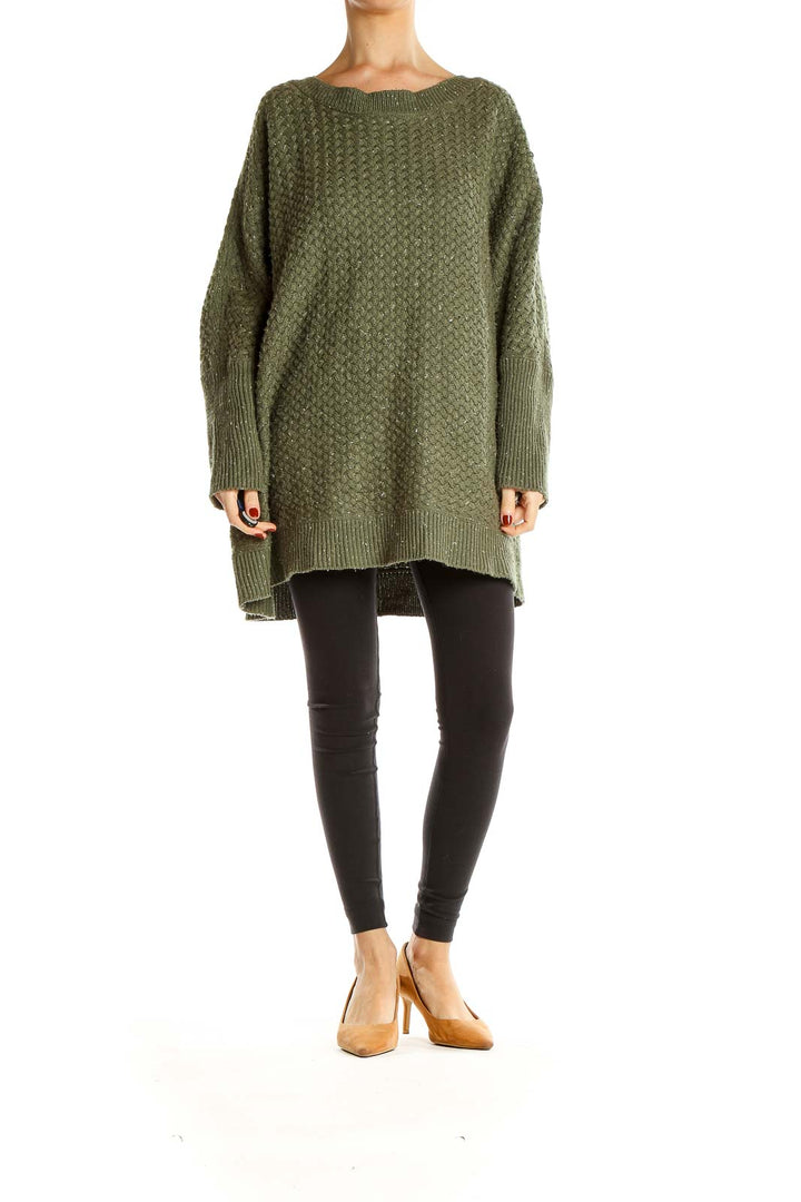 Front view of olive green oversized textured knit sweater from Lane Bryant