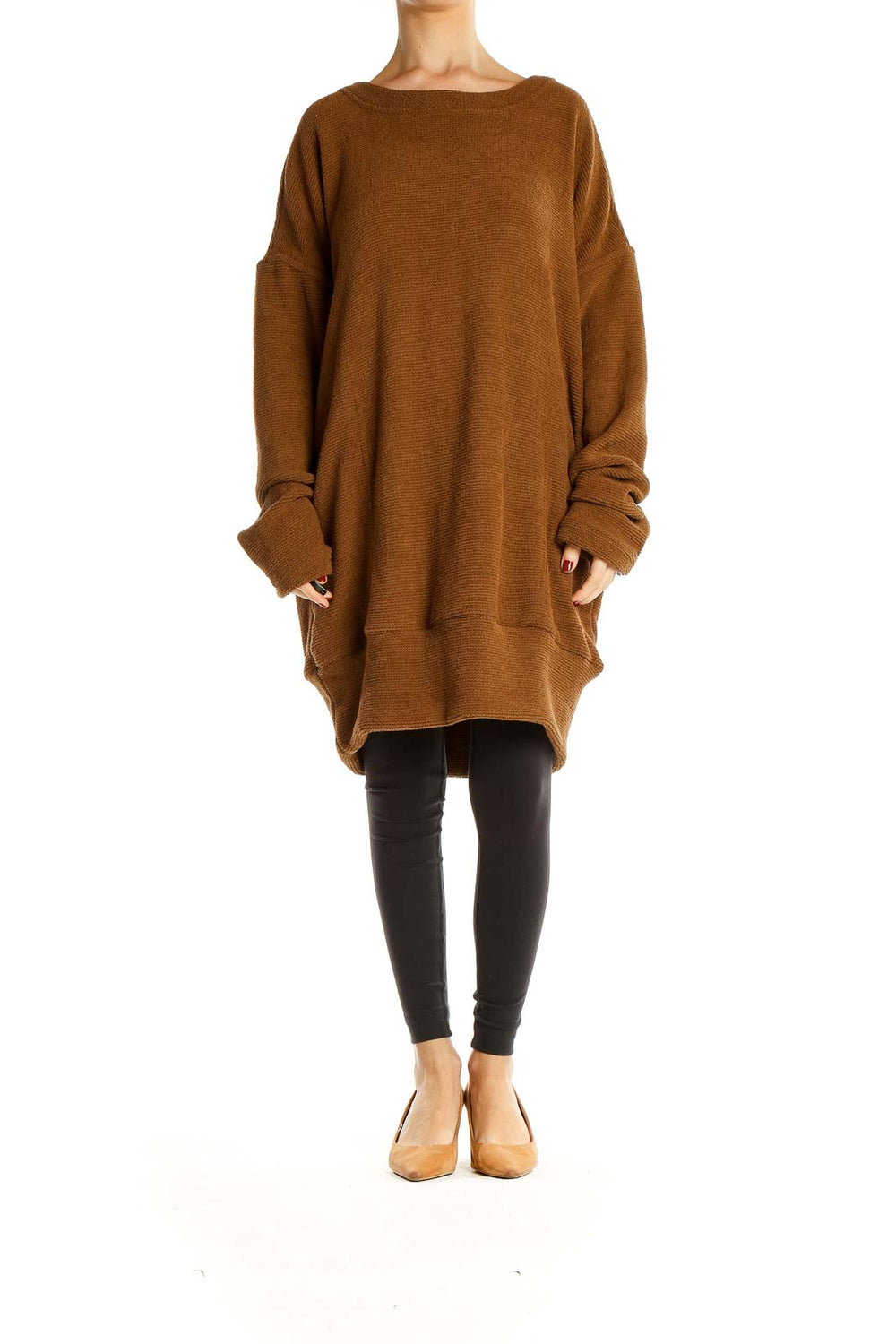 Front view of brown oversized knit sweater dress from Free People