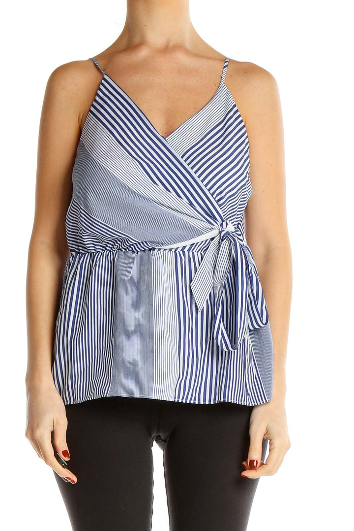 Front view of Banana Republic blue striped wrap-style camisole top