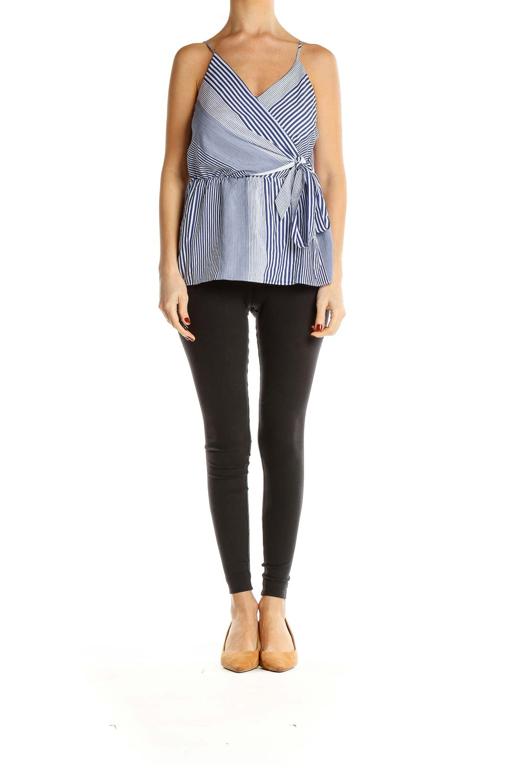 Front view of Banana Republic blue striped wrap-style camisole top