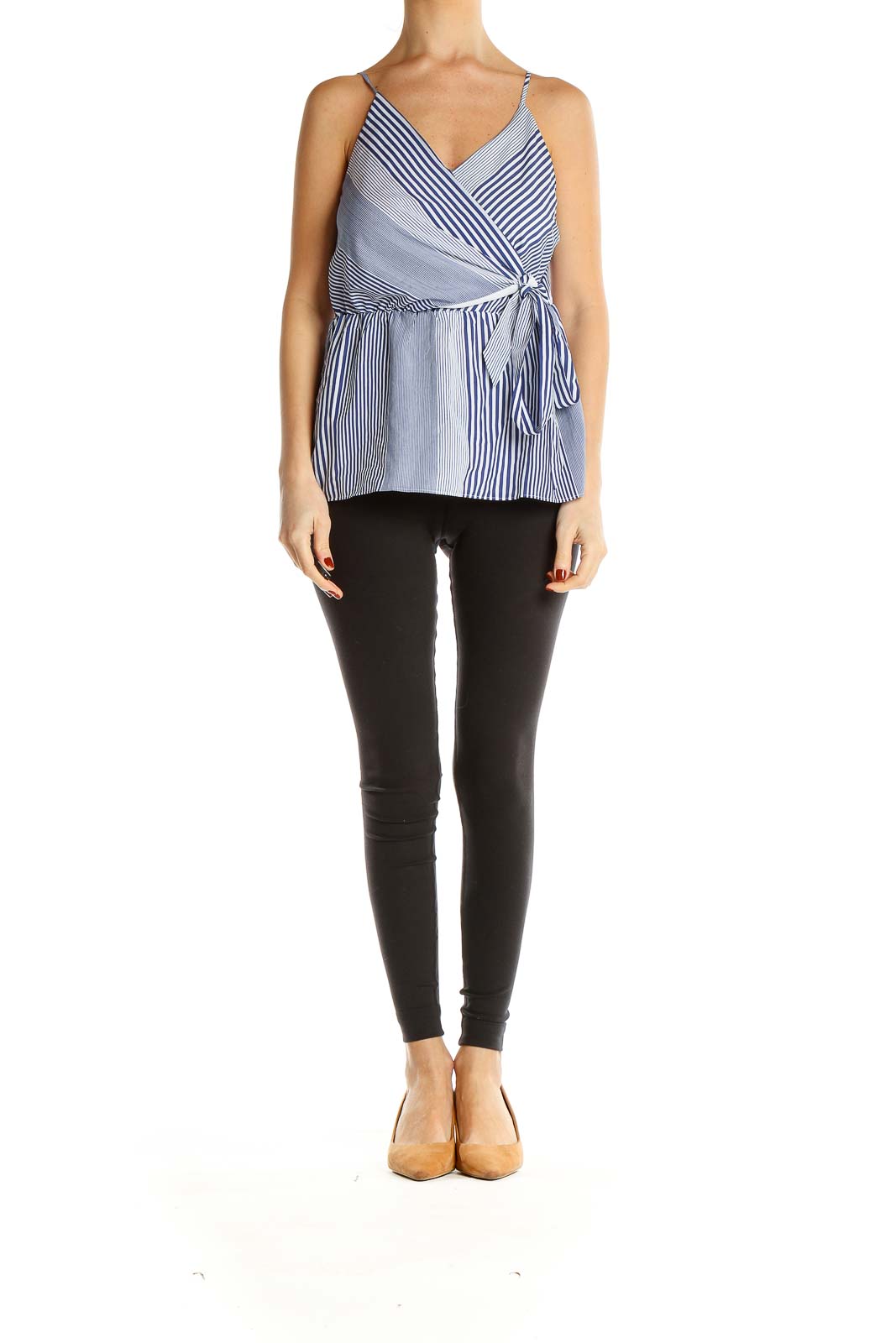 Front view of Banana Republic blue striped wrap-style camisole top