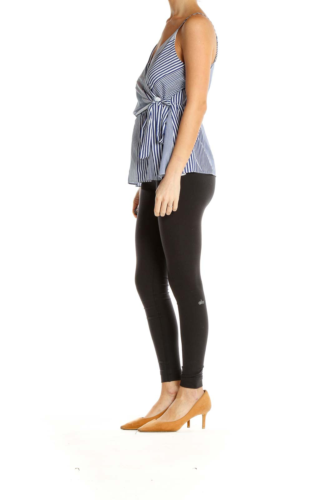 Front view of Banana Republic blue striped wrap-style camisole top