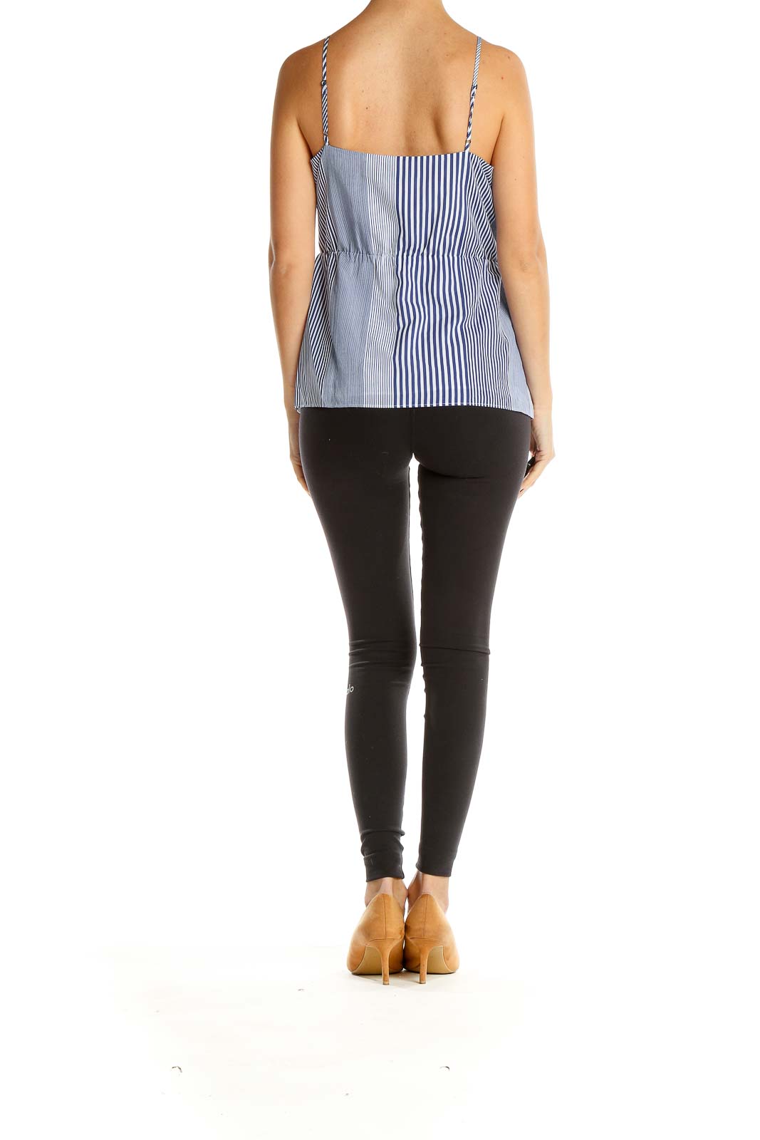 Side view of Banana Republic blue striped wrap-style camisole top on model