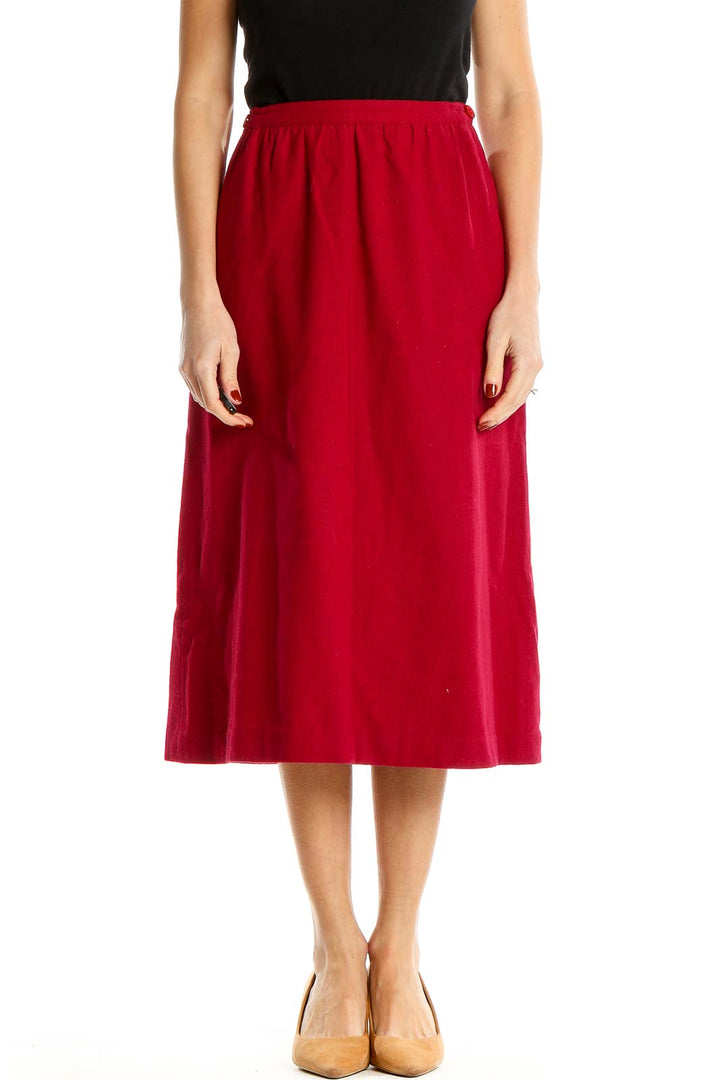 Front view of Leslie Fay red A-line midi skirt on model