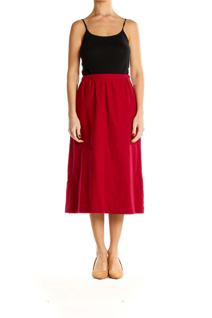 Front view of Leslie Fay red A-line midi skirt on model
