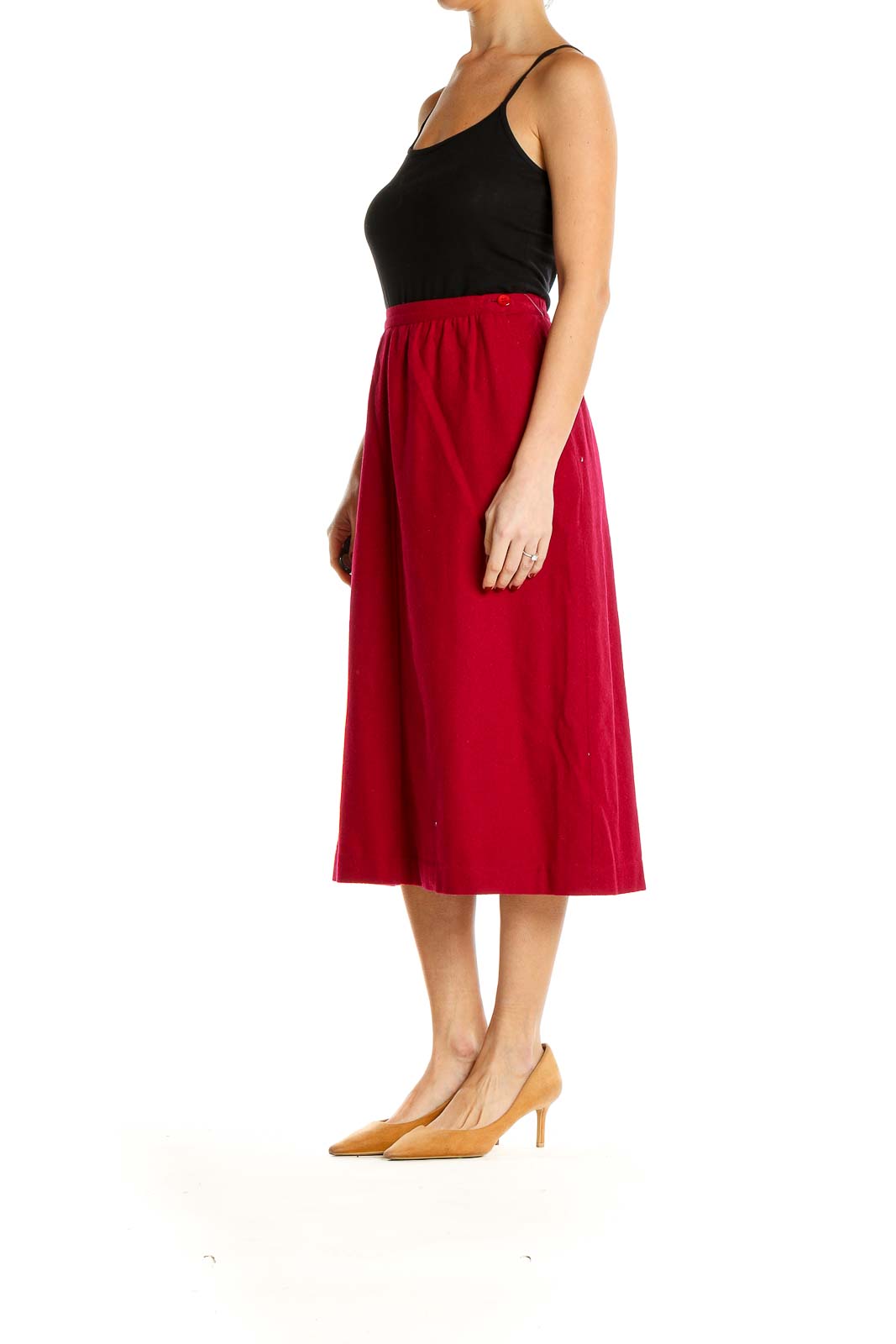 Front view of Leslie Fay red A-line midi skirt on model