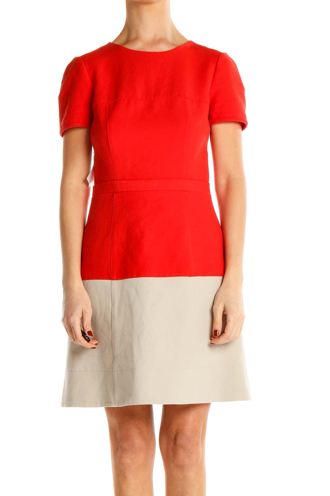 Front view of BCBG MaxAzria red and beige color block dress