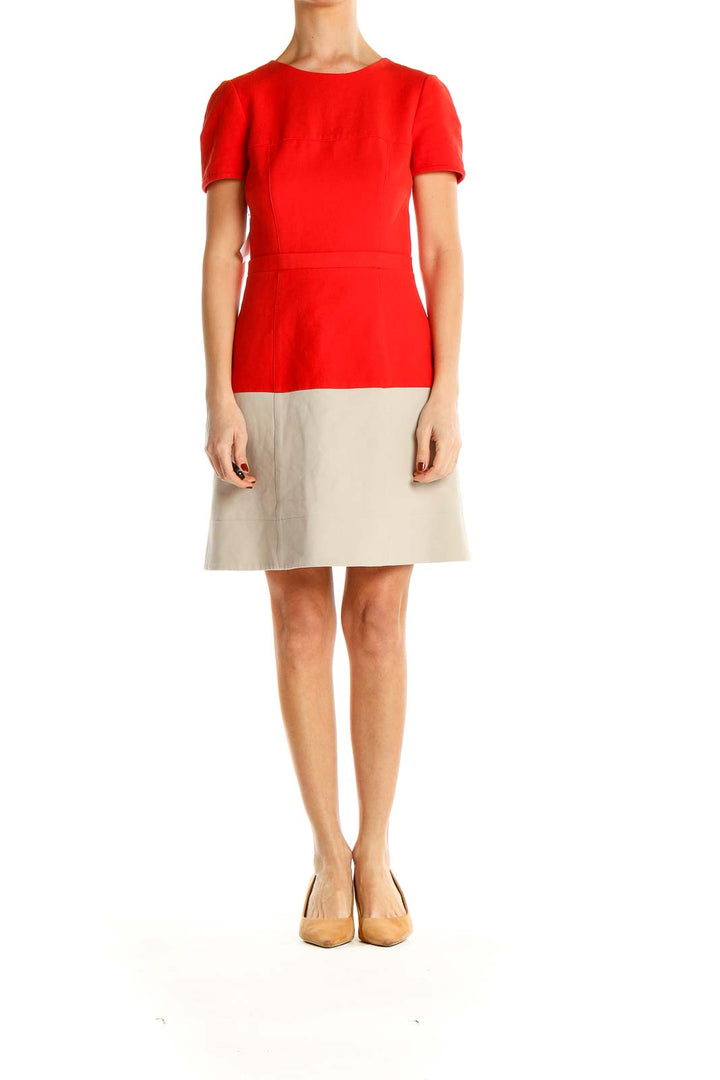 Front view of BCBG MaxAzria red and beige color block dress
