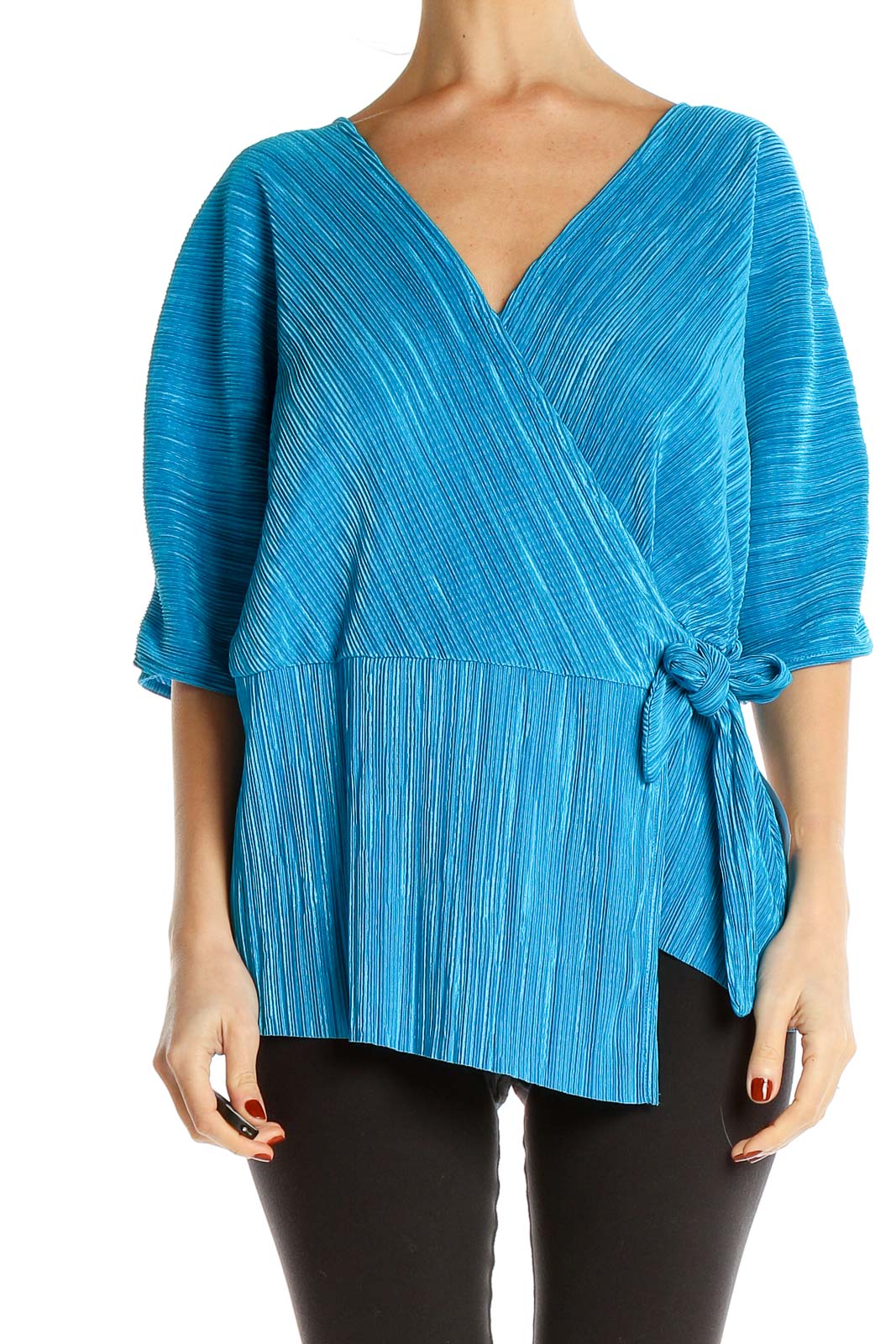 Front view of Halogen blue textured wrap-style blouse with V-neckline